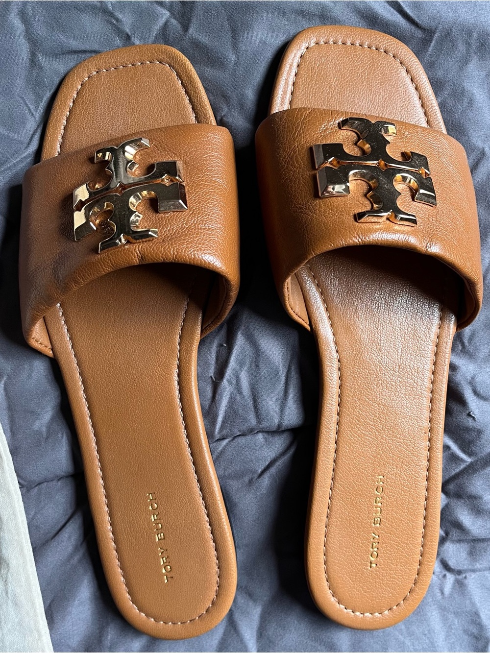 Tory Burch Cognac Leather Logo Slide Sandals